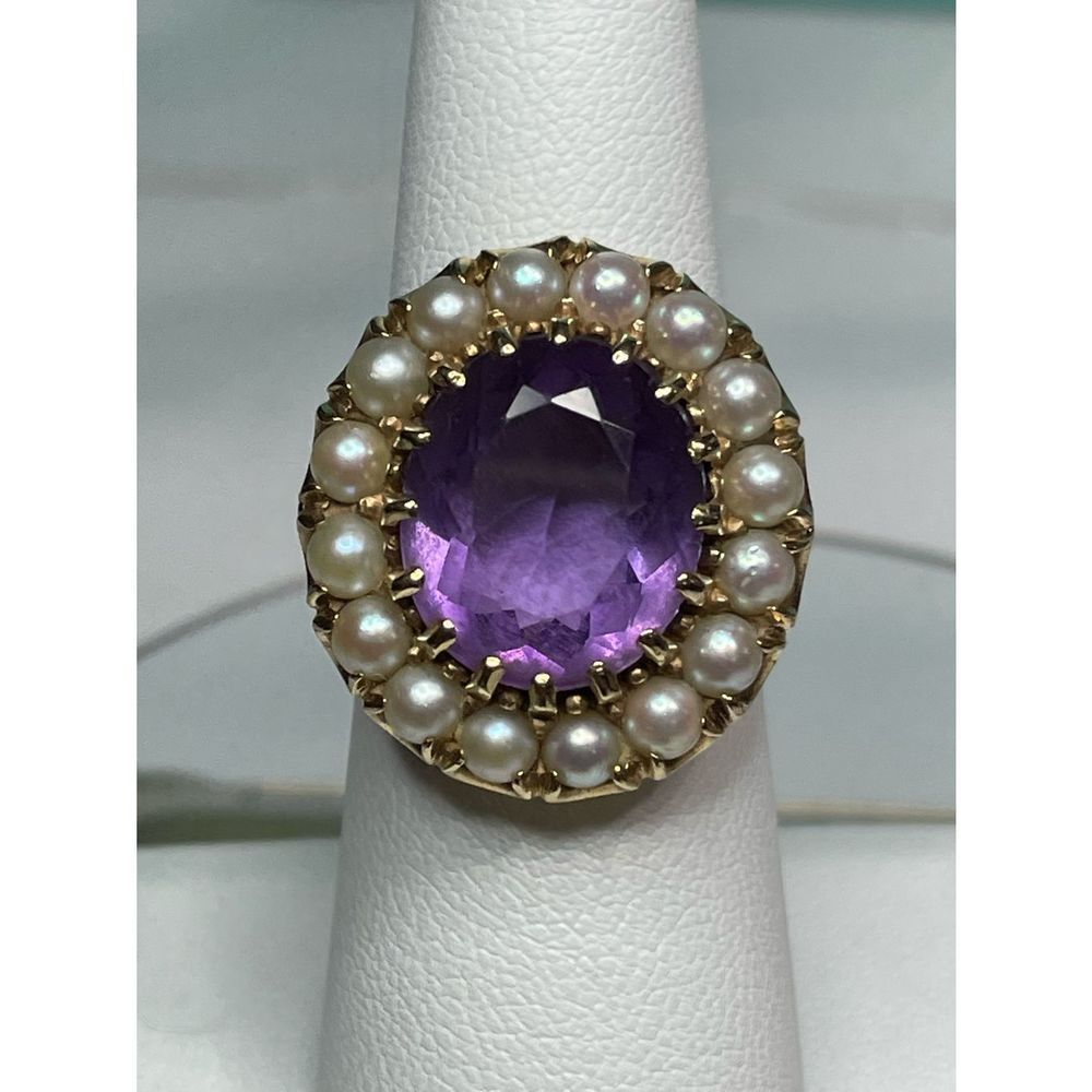 Antique 14k yellow gold amethyst seed pearl ring